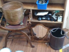 A wooden piano stool, toilet mirror and a leather bucket and brass scuttle