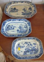 Three Chinese blue and white rectangular dishes with Island landscapes, 27cm to 41.5cm, two with