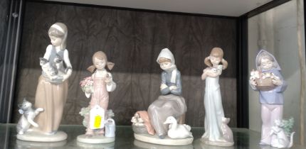 Five Lladro figures of girls with cats, ducks, and sparrow. 19cm to 25cm (5)