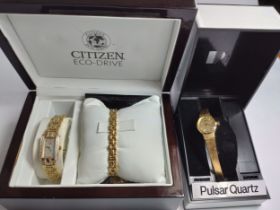 Two ladies watches, a Pulsar Quartz dress watch and a Citizen Eco Drive cocktail watch and