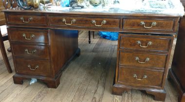 Vintage leather top kneehole desk in three parts. 78cm x 152cm x 91cm.