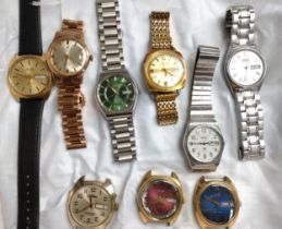 Three Russian gold plated vintage watches, three Seiko, two Montine and a Belzane. circa 1960-1980.