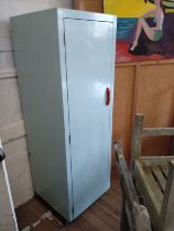 A Mid century pale blue wooden broom cupboard. 160cm x 53 cm x 52cm.