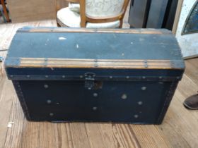 A black timber chest. 52cm x 84cm x 48cm. In need of restoration.