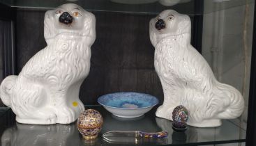 A pair of white Spaniels 33cm, three cloisonne-style items and an Oriental dish (small chip to