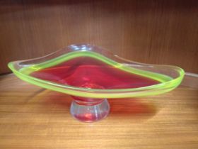 A Murano red and yellow tri-lobed glass bowl, 41cm wide.