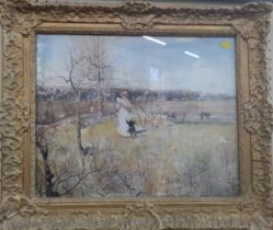 A gilt-framed landscape print of an oil on board. 'Springtime Richmond N.S.W' by Charles Condor