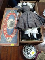 A porcelain jointed doll, 40cm, clothing and two hats; a doll's miniature tea service in box and a