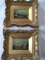 A pair of Chinese School oil paintings of shipwrecks, unsigned, within ornate gilt frames. 10cm x