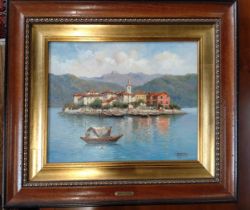 A painting of 'Lake Maggiore' oil on board, signed Sergio Cozzuol, within a gilt frame. 28cm x 39cm,