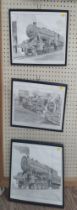 Three black and white railway prints, depicting vintage steam trains, framed and glazed. (3)