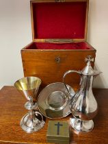 A silver plated travelling communion set, he jug marked 'Jones and Wallis' to base, together with