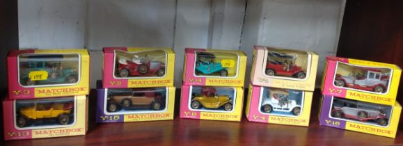 Ten Lesney Matchbox Models of Yesteryear including Maxwell Roadster and benz Limousine in window