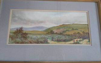 'Hillside Landscape' watercolour signed J Hill.