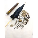 A brass telescope, a bone handled parasol and a box of various brass items