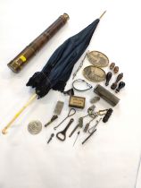A brass telescope, a bone handled parasol and a box of various brass items