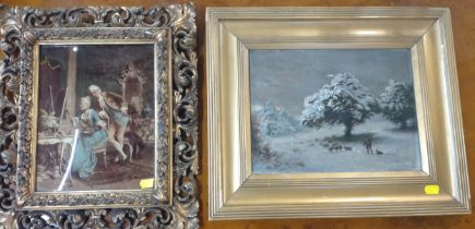 A gilt framed glass plaque picture of a courting couple, together with a gilt framed oil painting of