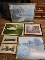 A selection of framed prints, the subjects including swans, and decorative landscape images. (6)