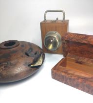 An Australian wooden bowl, a wooden Ever Ready torch (WW1 or WW2) and a Burlwood oblong box