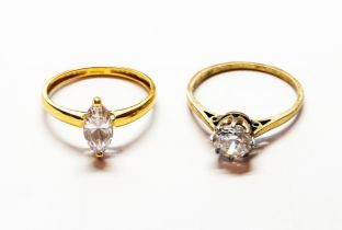 An 18ct yellow gold ring, set with a mixed cut marquise shaped cubic zirconia, size Q, 2.3 grams