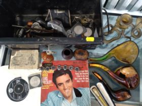 Two Elvis Presley singles and a collection of miscellaneous items including smoking items