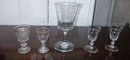 Drinking glasses including wine glass with large flared bucket bowl. 15cm, cup shaped bowl with