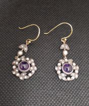 A pair of 9ct yellow gold and silver Victorian-style cabochon amethyst, diamonds and seed pearl drop