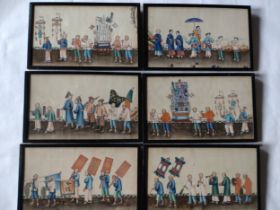A set of six Chinese pith paintings, depicting various scenes of processions, polychrome decorated