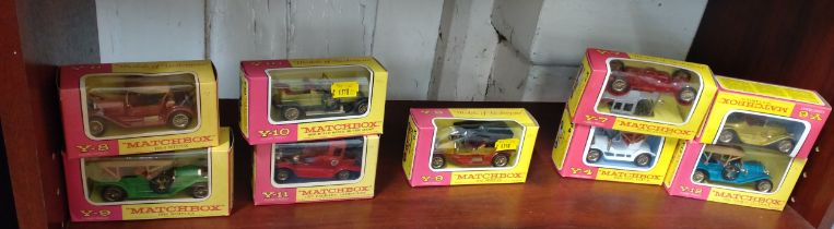 Nine Lesney Matchbox Models of Yesteryear including 1912 Rolls-Royce and Opel Coupe in window boxes.