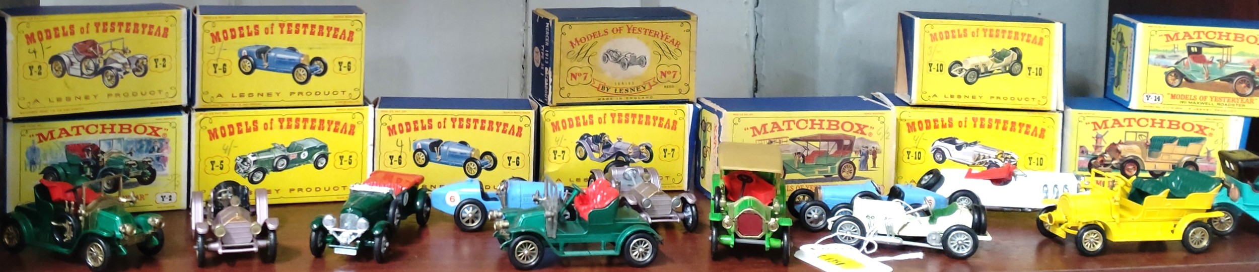 Twelve Lesney Matchbox Models of Yesteryear including Type 35 Bugatti and 1928 Mercedes-Benz 36/