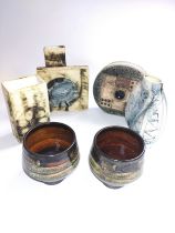 A Troika discoid vase 12cm, three art pottery vases and a pair of bowls. (6)