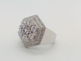 A large hexagonal CZ-set silver dinner ring.