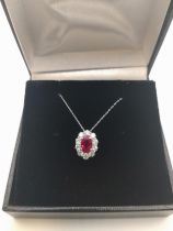A platinum Burmese ruby and diamond halo pendant on a platinum chain, boxed. Oval-cut Burma ruby 0.