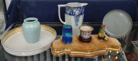 A Govancroft stoneware pale blue ovoid vase 12cm, a cylindrical sea-glaze vase 8cm, a Wedgwood
