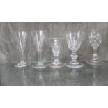 Five 19th Century drinking glasses-bell bowl with baluster knop stem 11cm, bucket bowl with bladed