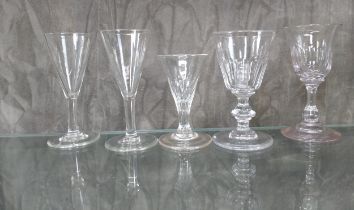 Five 19th Century drinking glasses-bell bowl with baluster knop stem 11cm, bucket bowl with bladed