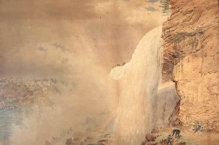 J. Salter 1888, a watercolour. Mountain climbers by a waterfall. signed lower right. framed and
