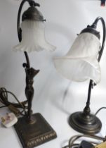 Two reproduction Spelter lamps, one a nude lady, one a floral decoration