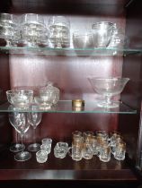 Clear glass tablewares including three wine glasses, four salts, twelve Sundae glasses and other