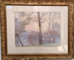 A watercolour of Sunrise in Regents Park by Arthur Finney, signed and annotated. 37cm x 50cm, glazed