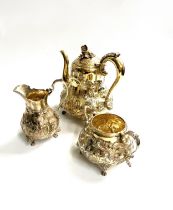 A Fine Mid Victorian Three piece Silver gilt Tea set. Hunt and Roskell and Barnard Brothers.