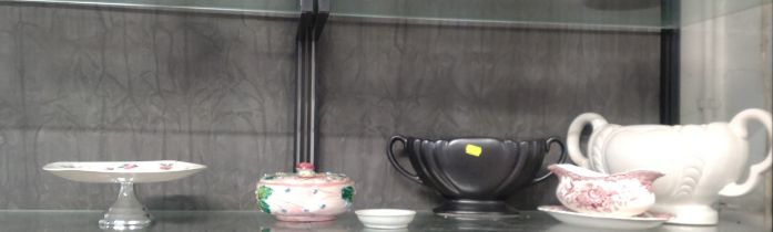 A Tek Sing Cargo Chinese Saucer, 9cm diameter, black Dartmouth Pottery vase, 31cm wide, Crown
