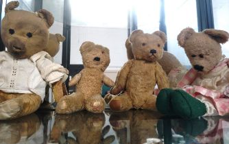 An Aneeta teddy bear 1930-1950 26cm and three post war teddy bears 30cm, 40cm, and 43cm. (4)