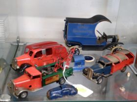 Triang Minic tinplate clockwork Refuse Wagon, Fire Engine, Breakdown Truck, miniature saloon; and