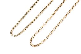 A yellow precious metal belcher-link long chain, with swivel clasp, and a shorter belcher-link