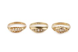 Three diamond five stone rings, set with vari-cut diamonds, each 18ct gold mounted, ring sizes L½