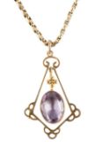 An amethyst single stone pendant on chain, the oval mixed-cut amethyst in millegrain collet setting,