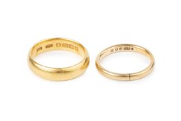 A 22ct gold wedding band, and a 9ct gold wedding band, ring sizes O and approximately M respectively