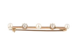 A pearl and diamond bar brooch, the knife edge bar spaced with alternate bouton pearls and old-cut