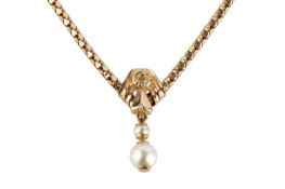 A cultured pearl pendant necklace, with fancy-link back chain, stamped '750', pendant length 2.55cm,